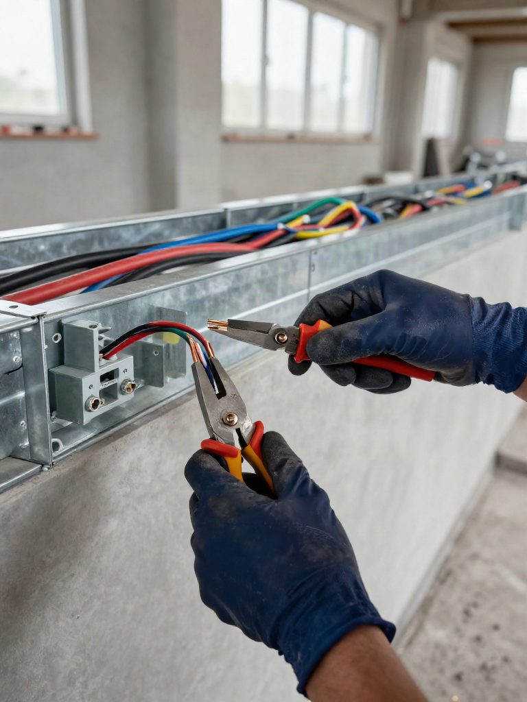 Hantverkare med isolerade tänger kopplar ledningar i en installationskanal